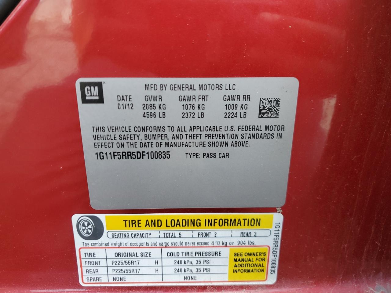 2013 Chevrolet Malibu 2Lt VIN: 1G11F5RR5DF100835 Lot: 57908555