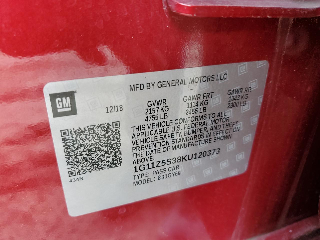 2019 Chevrolet Impala Lt VIN: 1G11Z5S38KU120373 Lot: 57185545