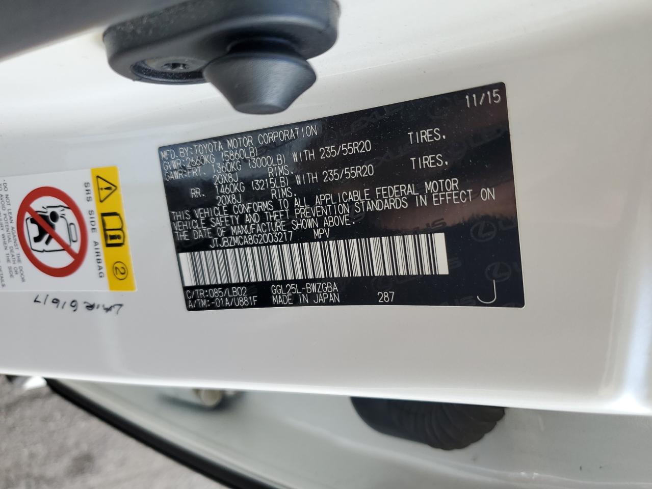 2016 Lexus Rx 350 VIN: JTJBZMCA8G2003217 Lot: 56563635