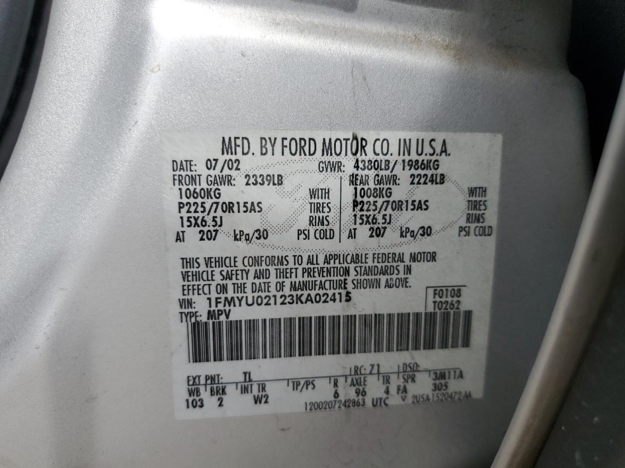 2003 Ford Escape Xls VIN: 1FMYU02123KA02415 Lot: 56074125