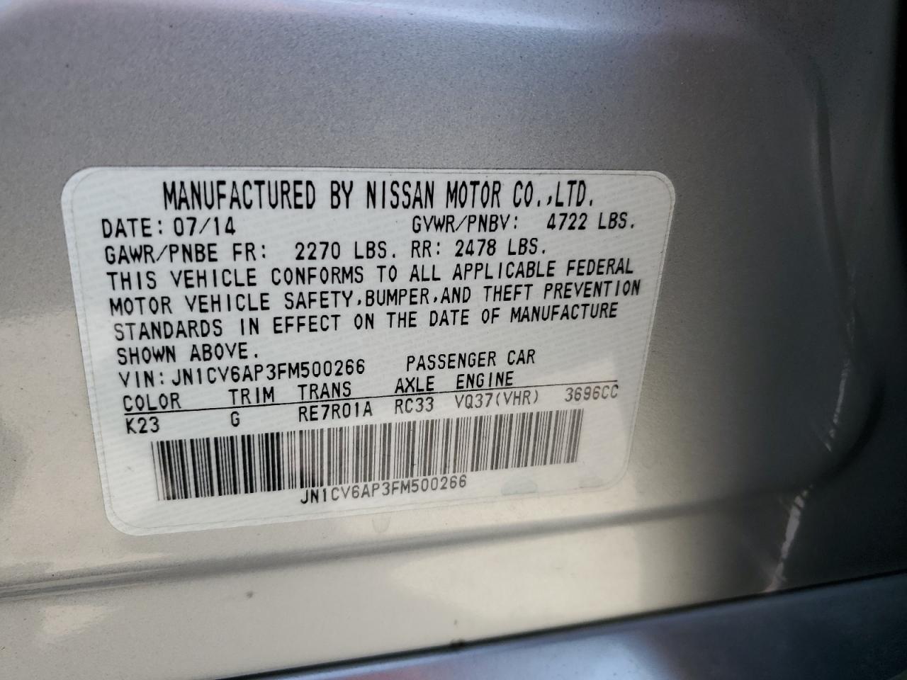 2015 Infiniti Q40 VIN: JN1CV6AP3FM500266 Lot: 56804595