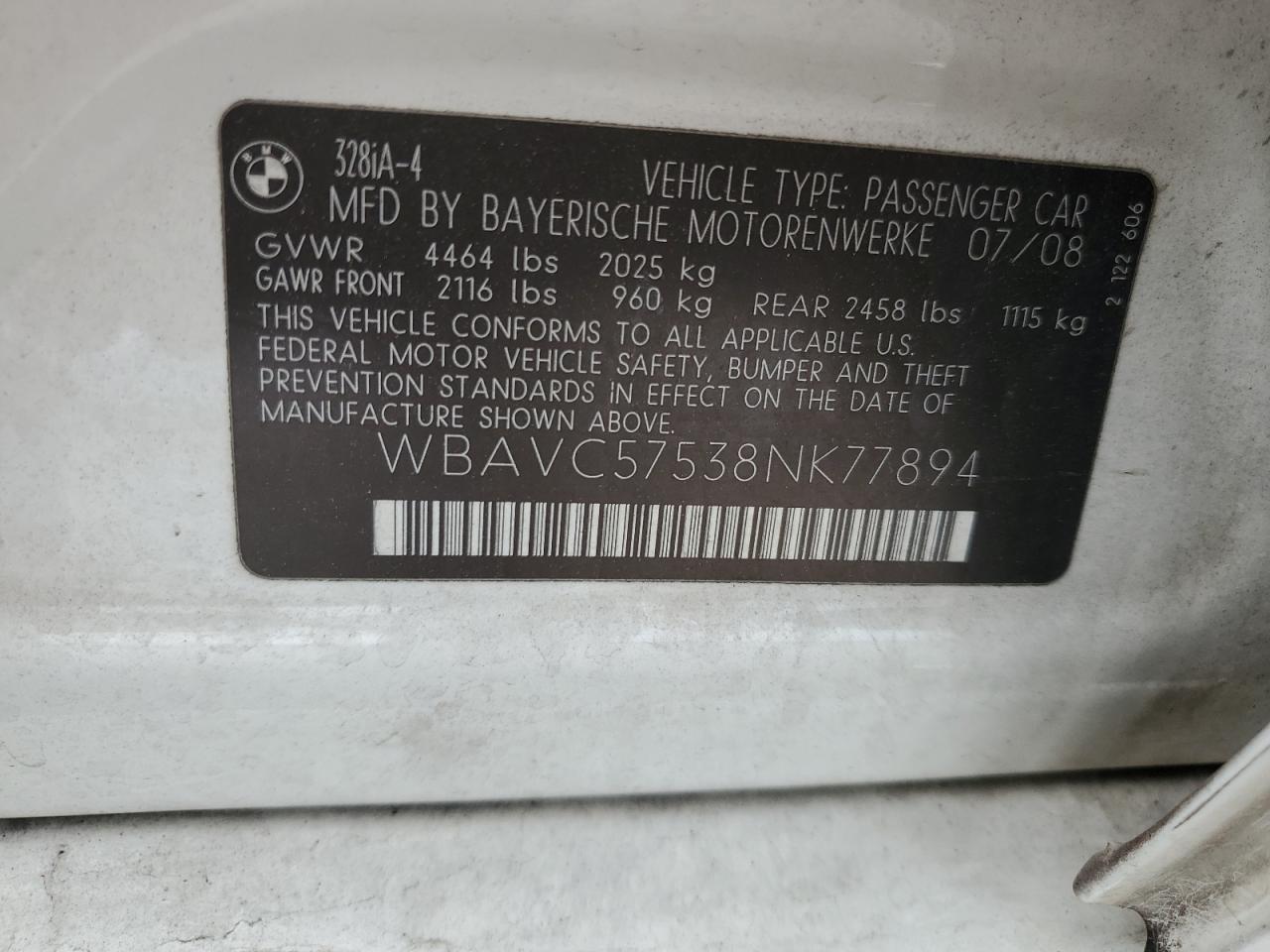 2008 BMW 328 I Sulev VIN: WBAVC57538NK77894 Lot: 56414465