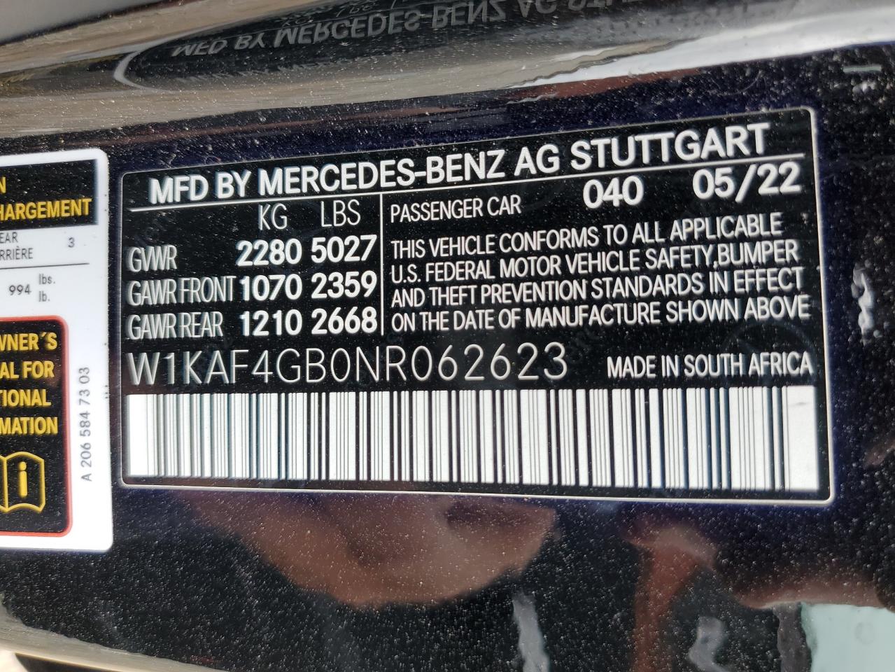2022 Mercedes-Benz C 300 VIN: W1KAF4GB0NR062623 Lot: 55537495
