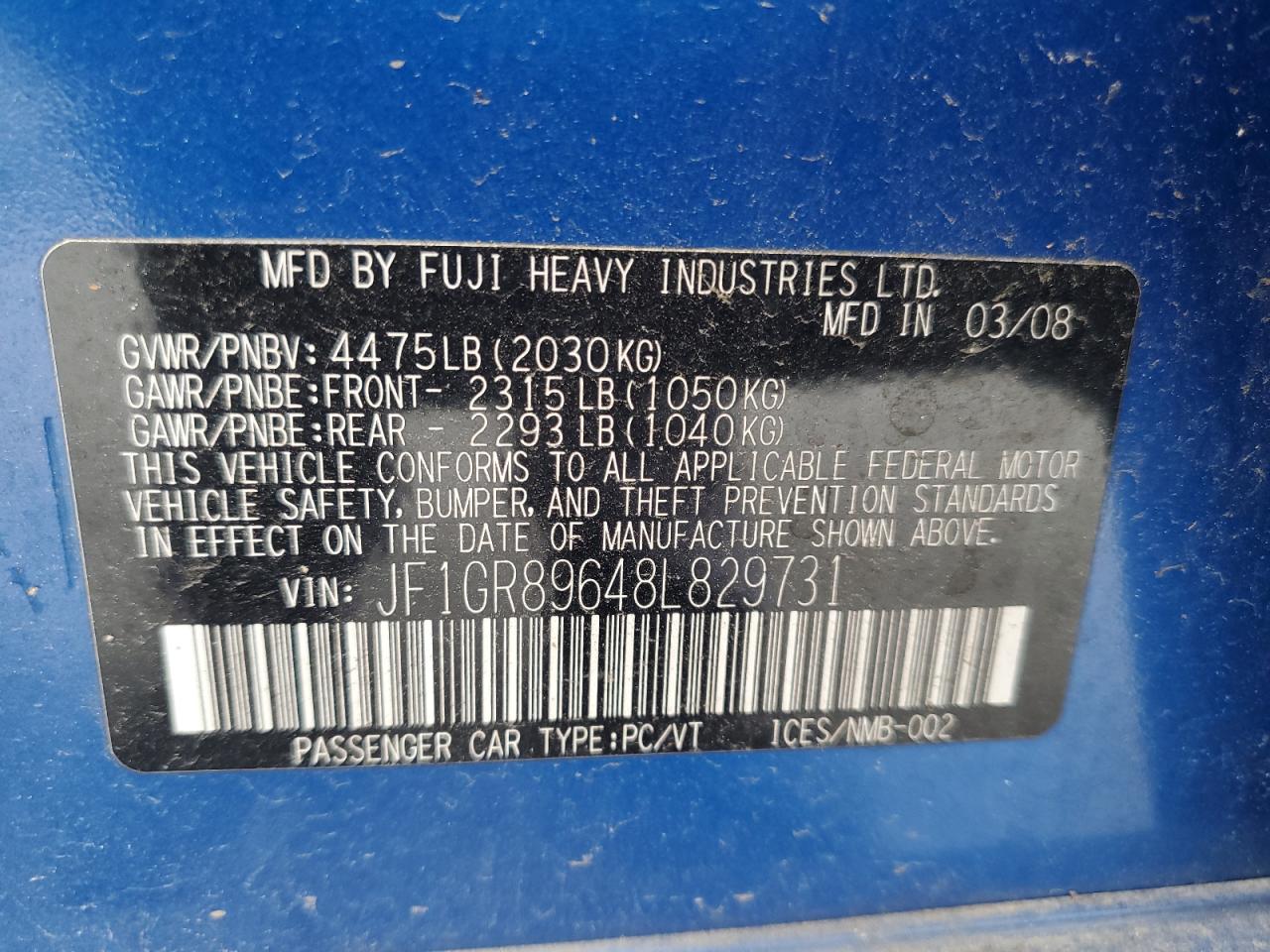 2008 Subaru Impreza Wrx Sti VIN: JF1GR89648L829731 Lot: 56514745