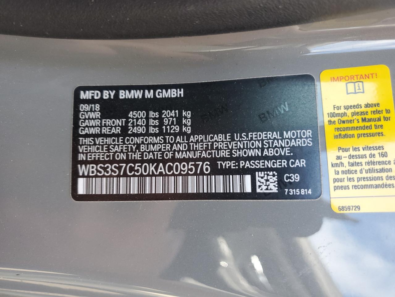 2019 BMW M4 Cs VIN: WBS3S7C50KAC09576 Lot: 56658415