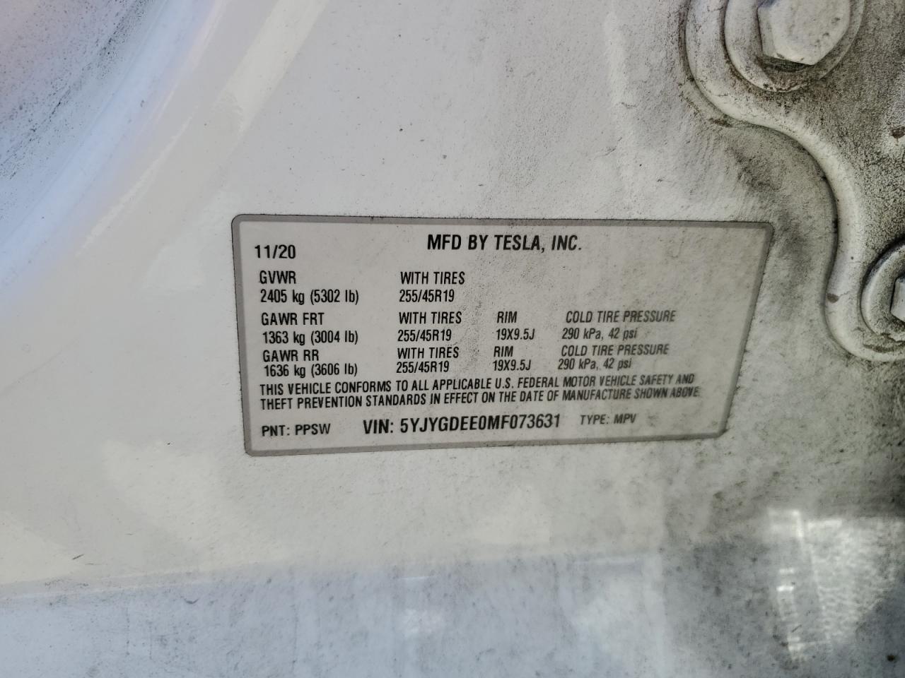 2021 Tesla Model Y VIN: 5YJYGDEE0MF073631 Lot: 56160925