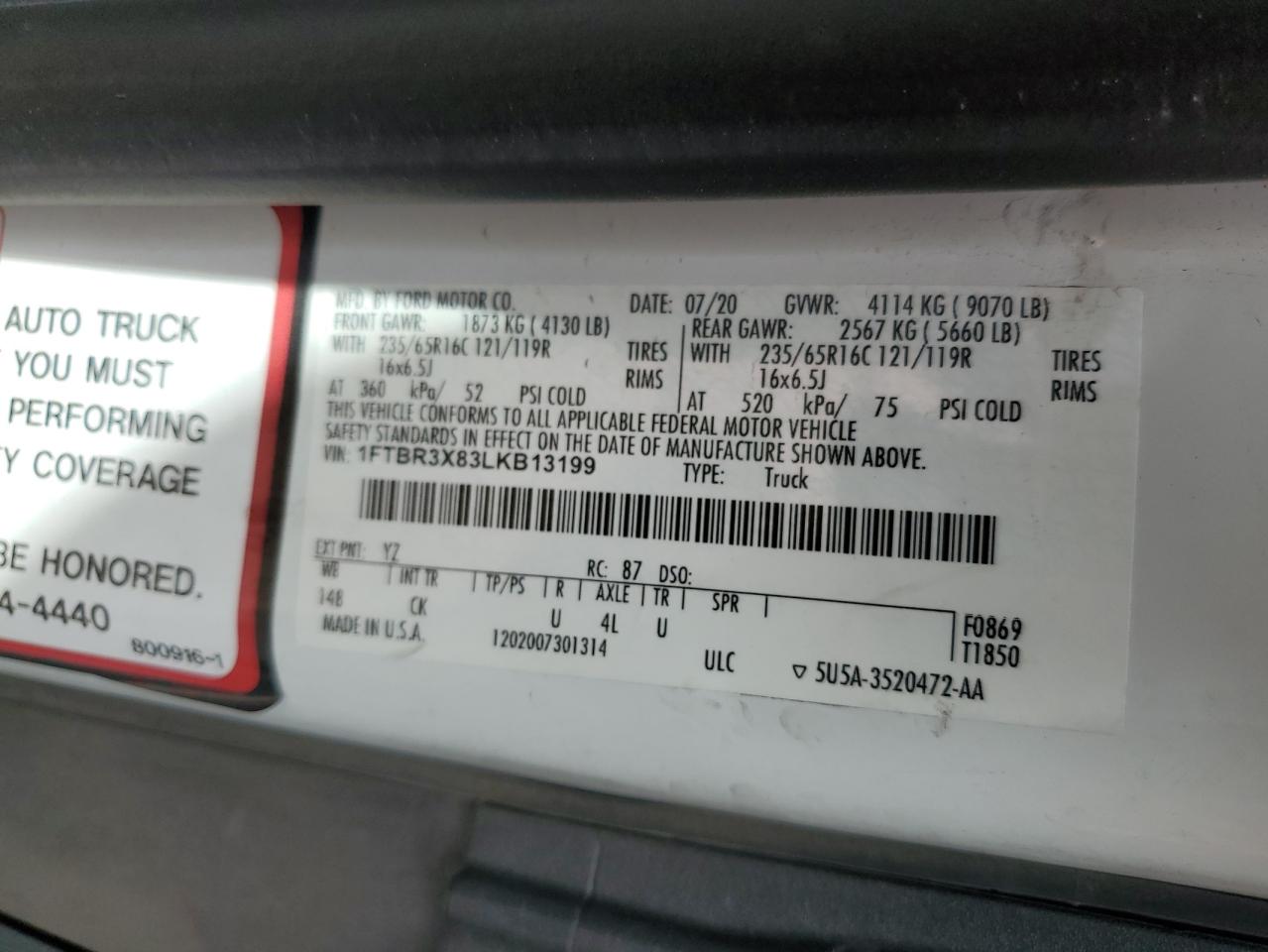 2020 Ford Transit T-250 VIN: 1FTBR3X83LKB13199 Lot: 56201575