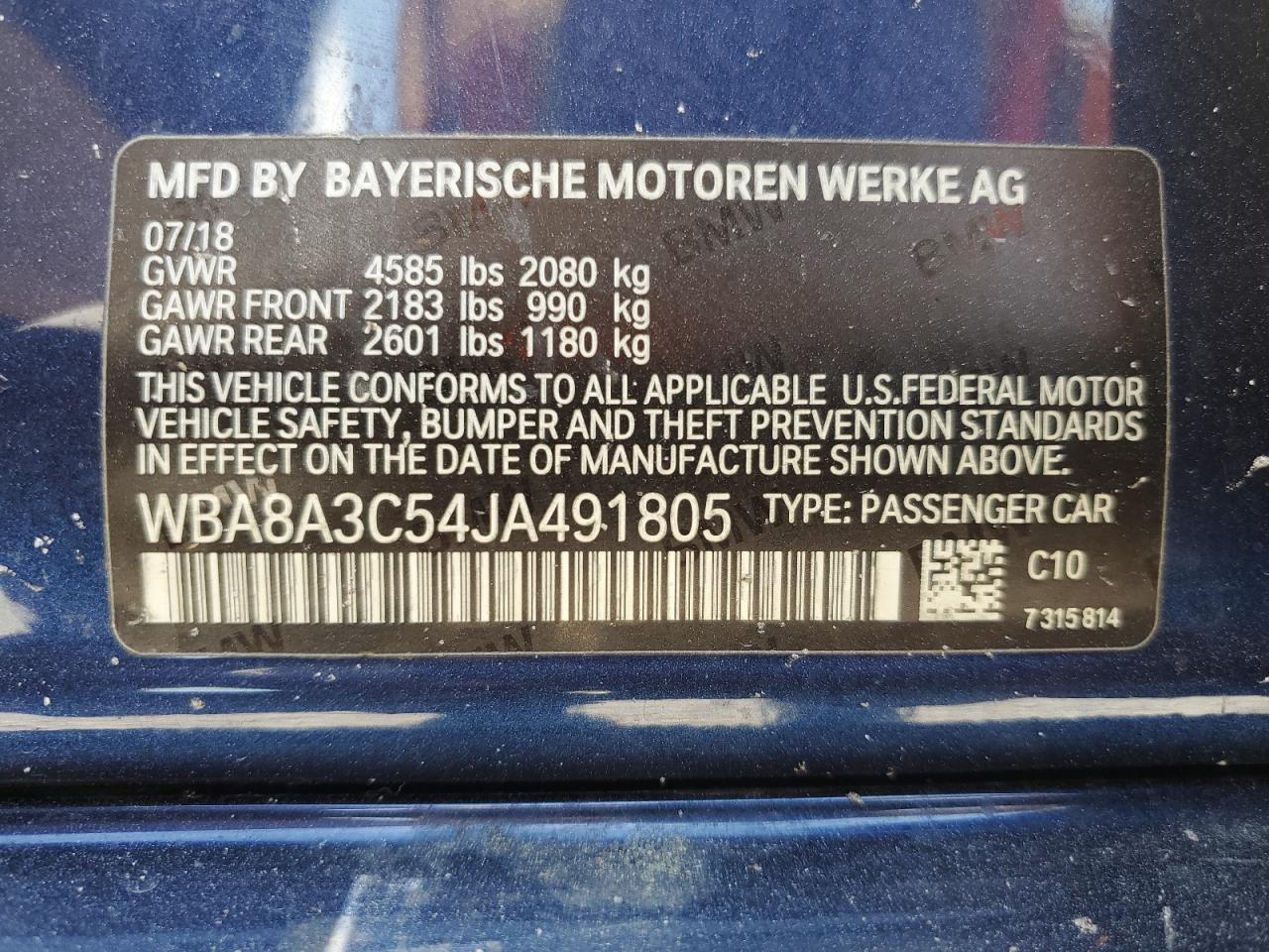 2018 BMW 320 Xi VIN: WBA8A3C54JA491805 Lot: 56647865