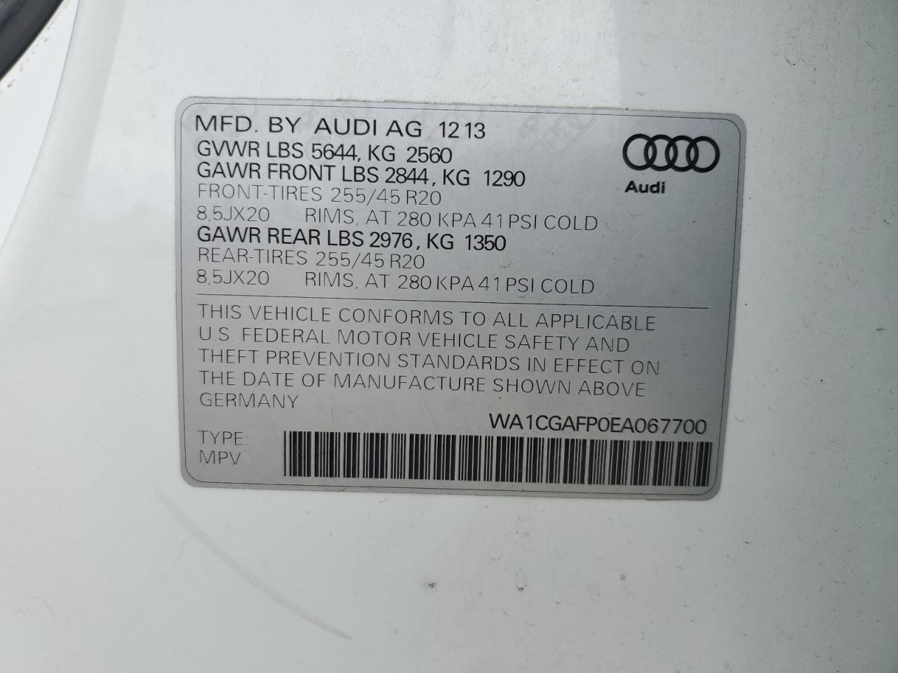 2014 Audi Sq5 Premium Plus VIN: WA1CGAFP0EA067700 Lot: 56374555