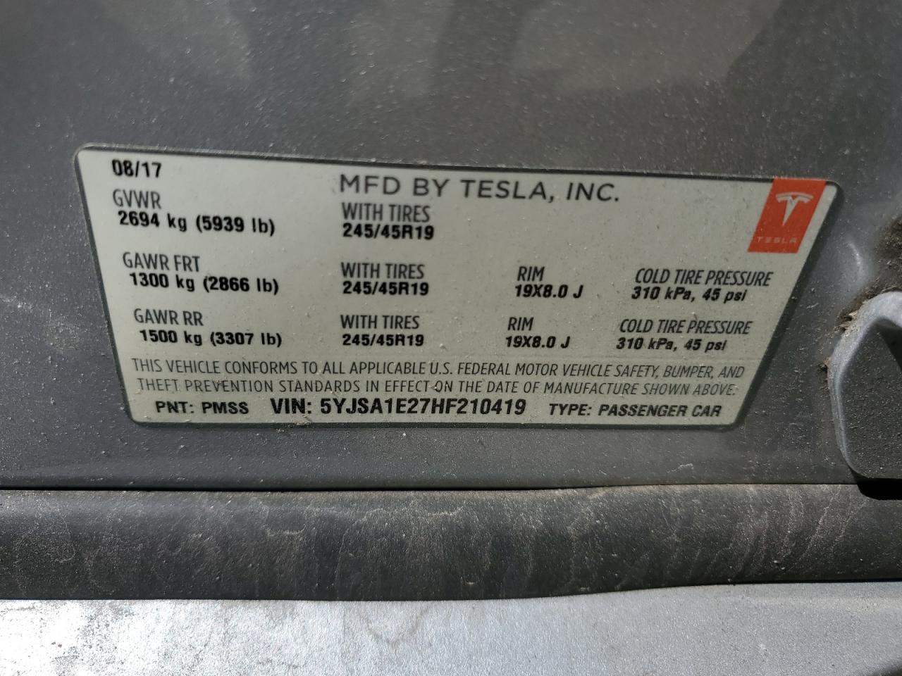 2017 Tesla Model S VIN: 5YJSA1E27HF210419 Lot: 55648585