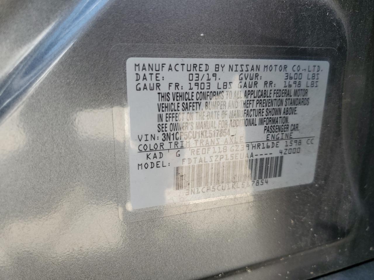 2019 Nissan Kicks S VIN: 3N1CP5CU1KL517854 Lot: 56949535