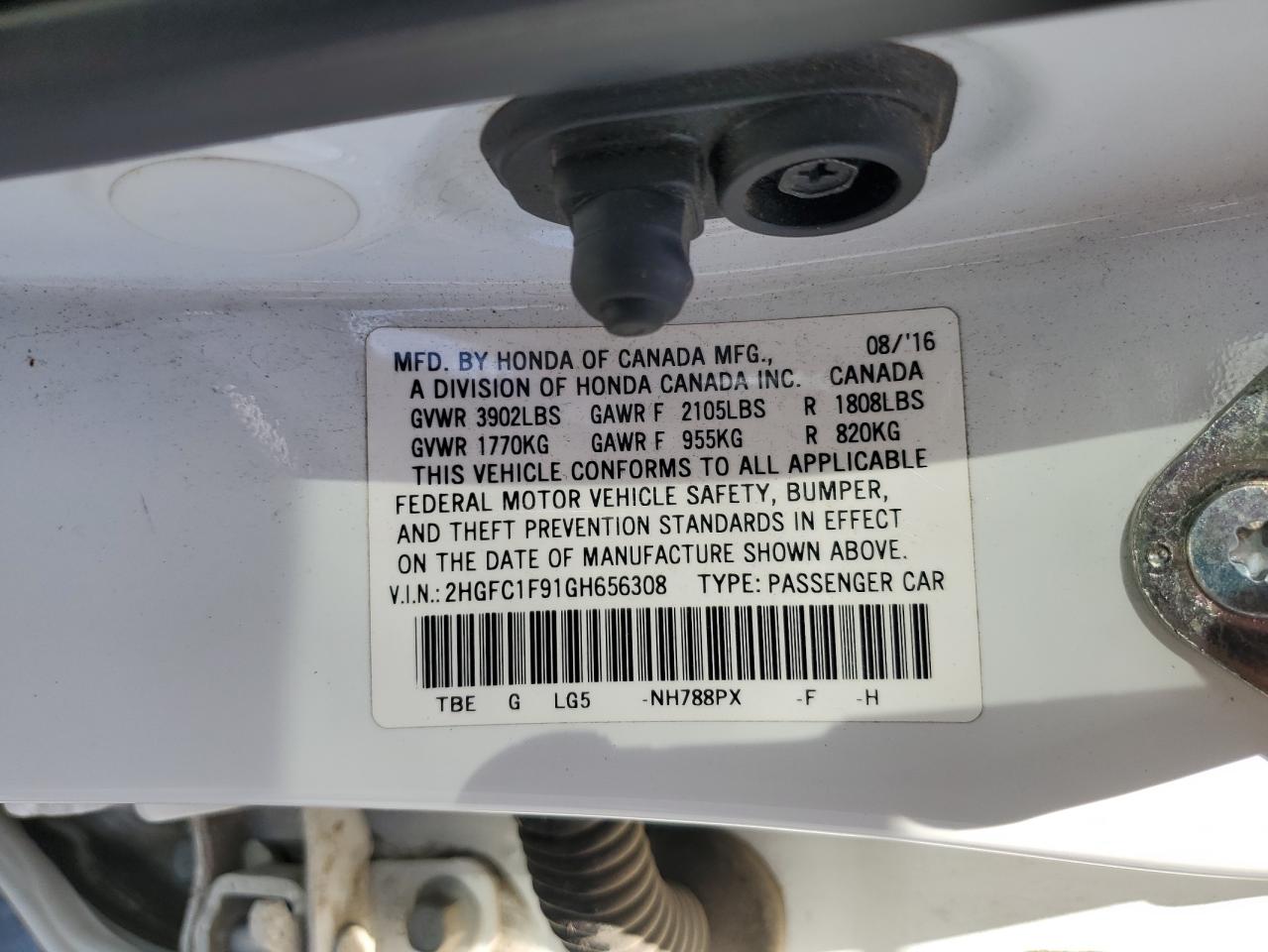 2016 Honda Civic Touring VIN: 2HGFC1F91GH656308 Lot: 56730925