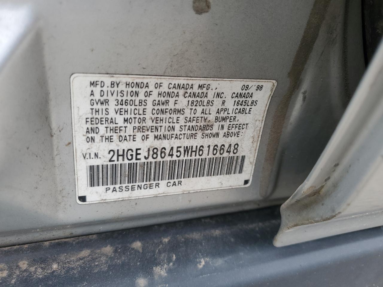 1998 Honda Civic Ex VIN: 2HGEJ8645WH616648 Lot: 56056815