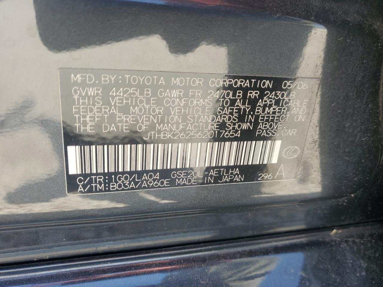 2006 Lexus Is 250 VIN: JTHBK262562017654 Lot: 55557615