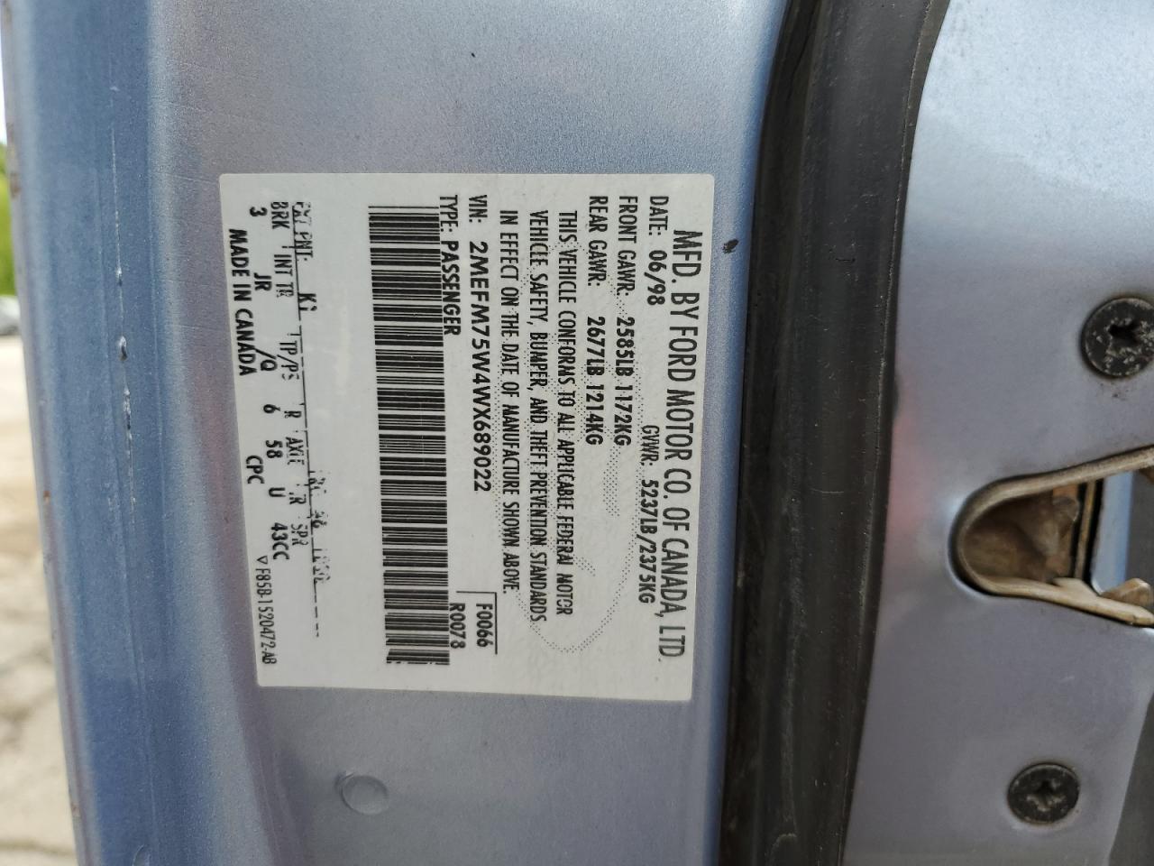 1998 Mercury Grand Marquis Ls VIN: 2MEFM75W4WX689022 Lot: 58049825