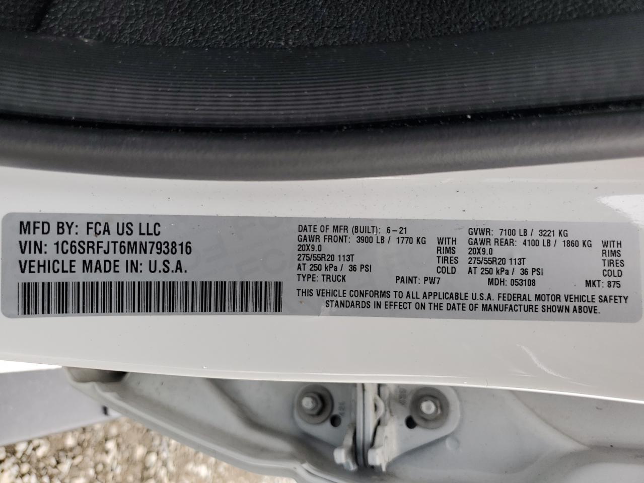 2021 Ram 1500 Laramie VIN: 1C6SRFJT6MN793816 Lot: 56736605