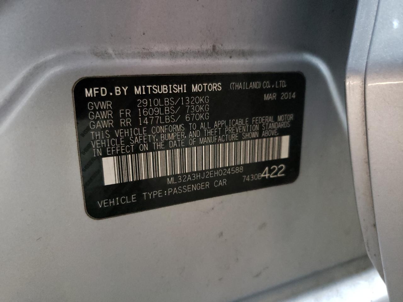 2014 Mitsubishi Mirage De VIN: ML32A3HJ2EH024588 Lot: 55888545
