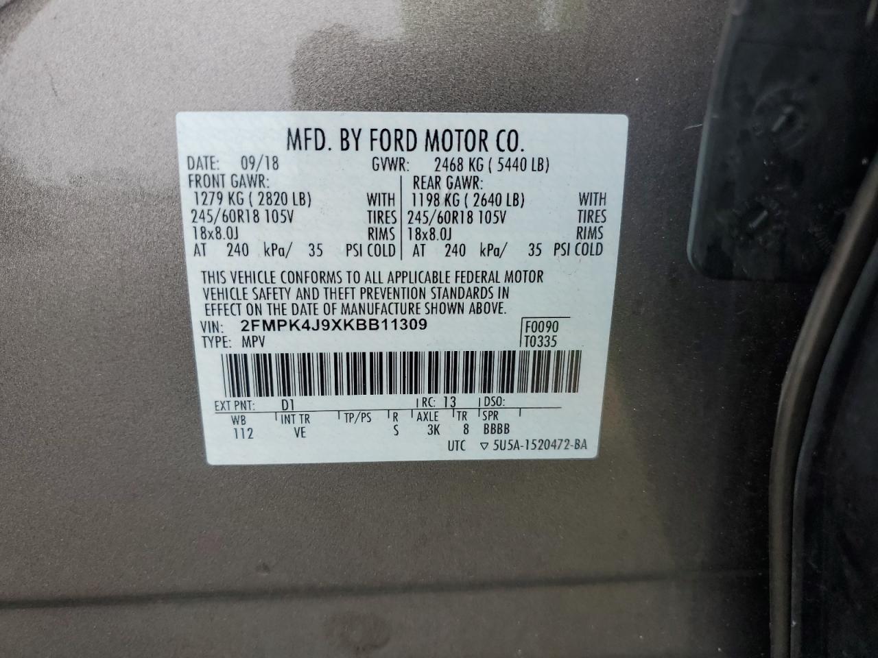 2019 Ford Edge Sel VIN: 2FMPK4J9XKBB11309 Lot: 56588705