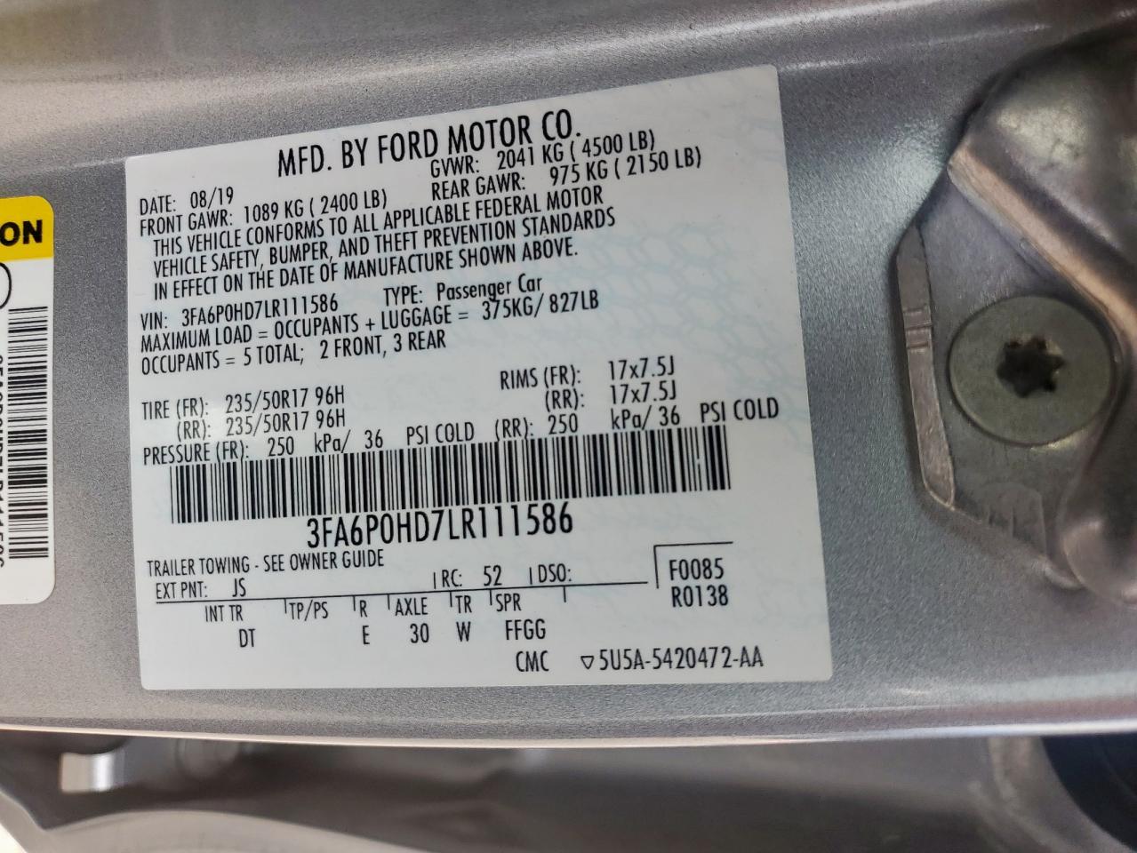 2020 Ford Fusion Se VIN: 3FA6P0HD7LR111586 Lot: 56688945