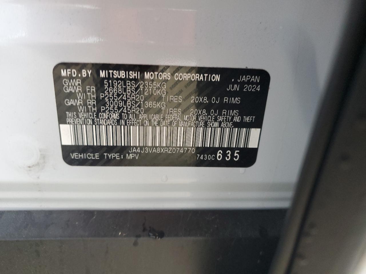 2024 Mitsubishi Outlander Se VIN: JA4J3VA8XRZ074770 Lot: 56927665