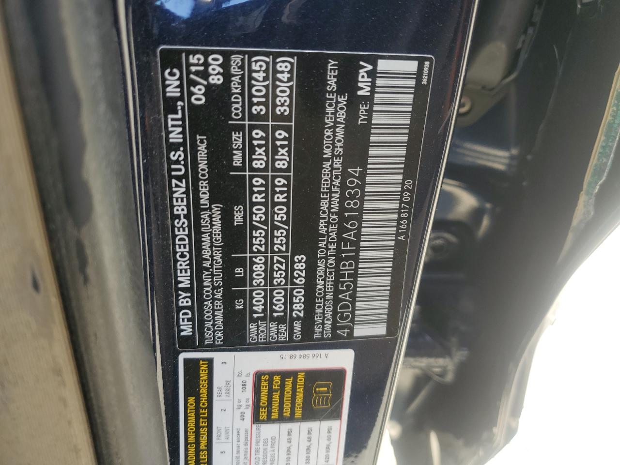 2015 Mercedes-Benz Ml 350 4Matic VIN: 4JGDA5HB1FA618394 Lot: 55184115