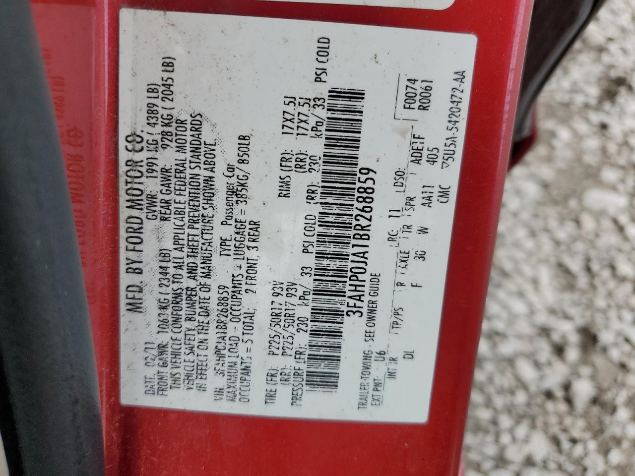 2011 Ford Fusion Sel VIN: 3FAHP0JA1BR268859 Lot: 57790905