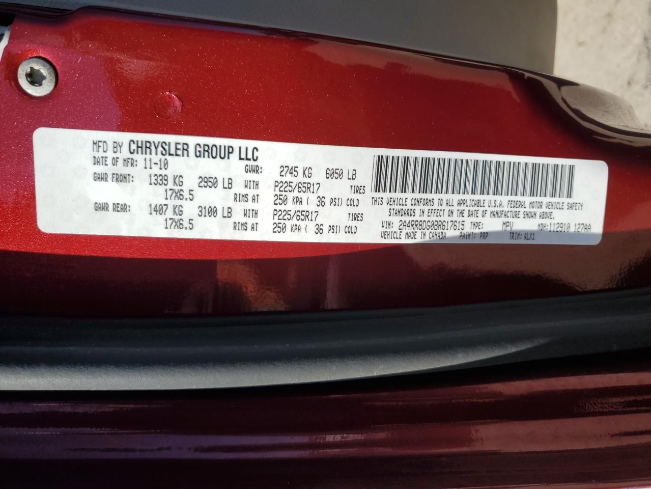 2011 Chrysler Town & Country Touring L VIN: 2A4RR8DG0BR617615 Lot: 58166175