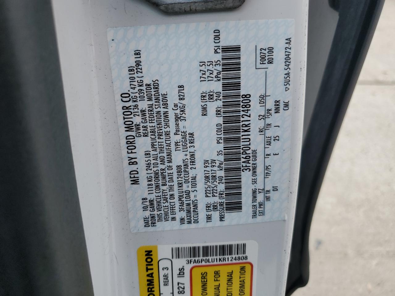 2019 Ford Fusion Se VIN: 3FA6P0LU1KR124808 Lot: 55085205