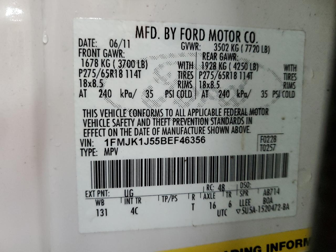 2011 Ford Expedition El Xlt VIN: 1FMJK1J55BEF46356 Lot: 55972335