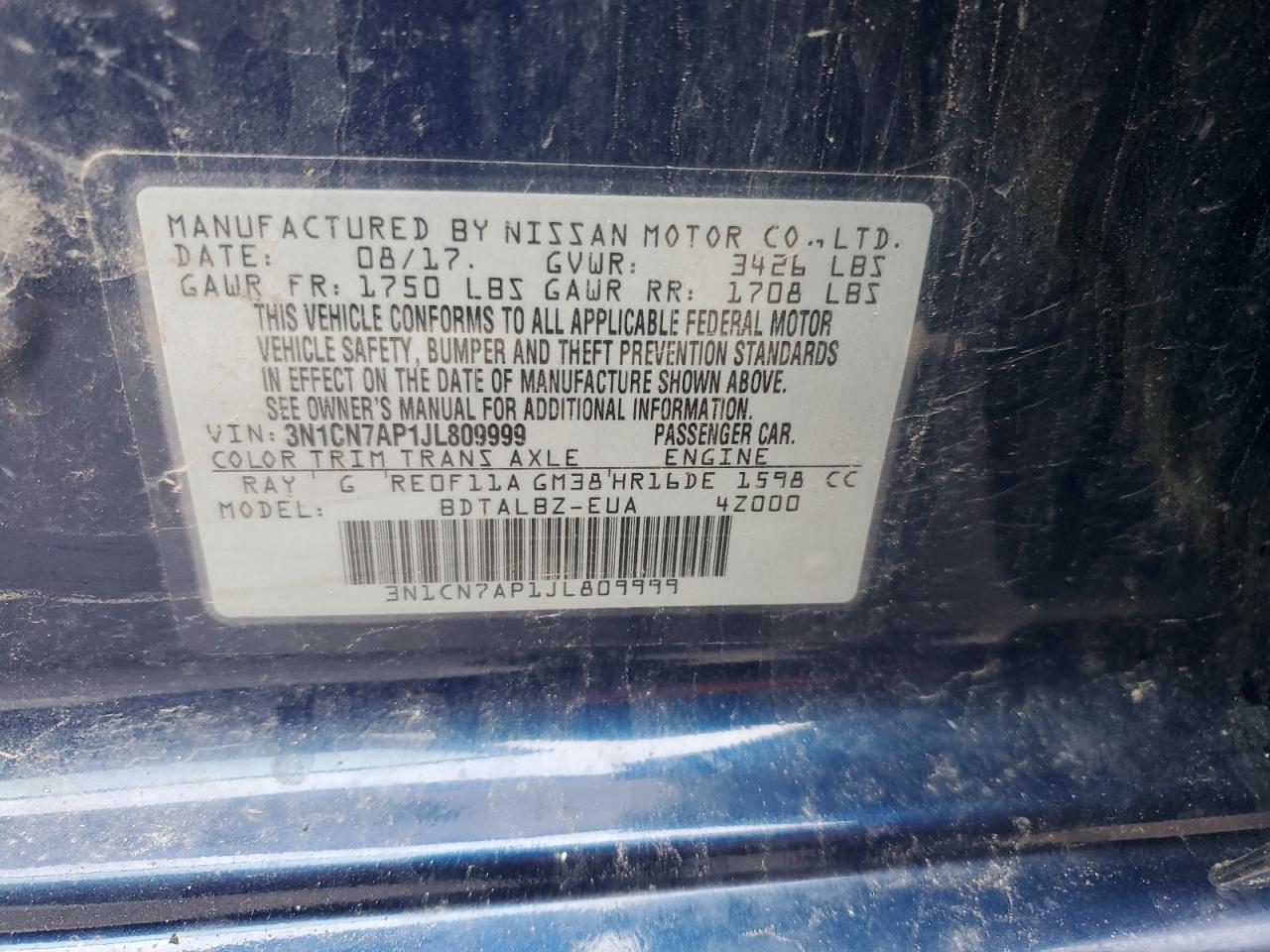 2018 Nissan Versa S VIN: 3N1CN7AP1JL809999 Lot: 56495415