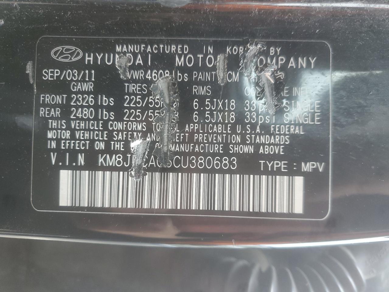 2012 Hyundai Tucson Gls VIN: KM8JUCAC6CU380683 Lot: 57162035
