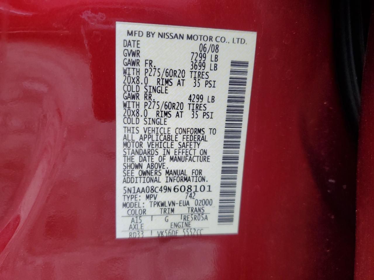 2009 Nissan Armada Se VIN: 5N1AA08C49N608101 Lot: 56893455