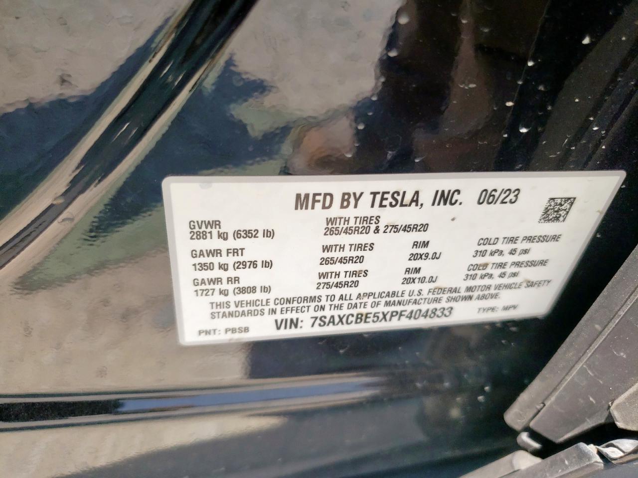 2023 Tesla Model X VIN: 7SAXCBE5XPF404833 Lot: 57407645