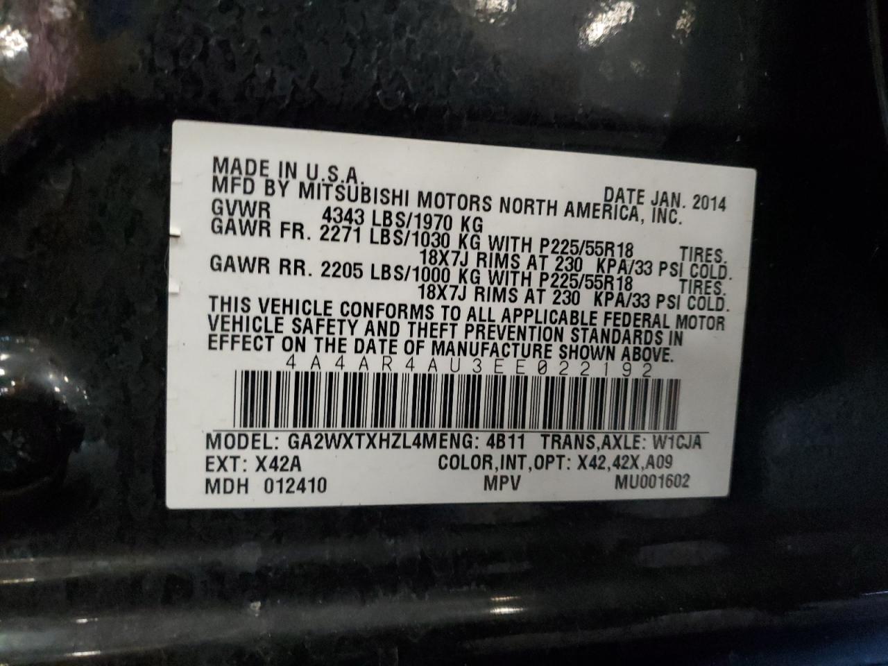 2014 Mitsubishi Outlander Sport Se VIN: 4A4AR4AU3EE022192 Lot: 56918765