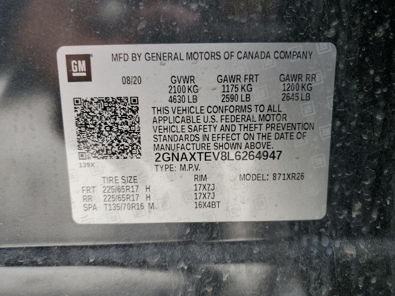 2020 Chevrolet Equinox Lt VIN: 2GNAXTEV8L6264947 Lot: 56731065