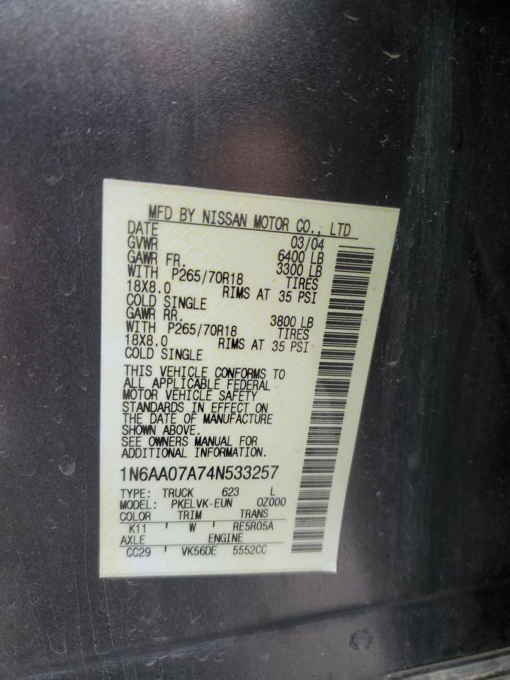 2004 Nissan Titan Xe VIN: 1N6AA07A74N533257 Lot: 57057055
