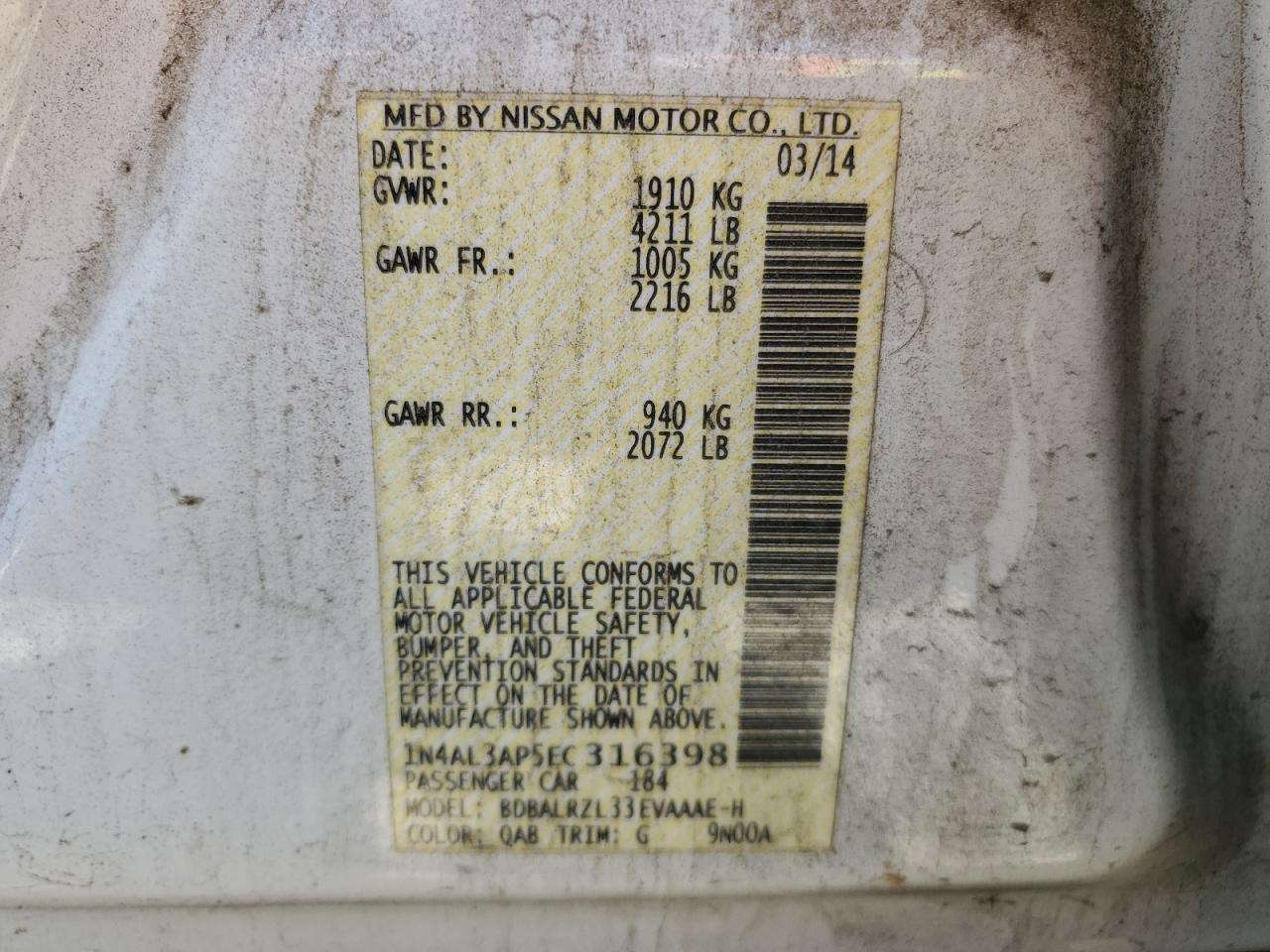 2014 Nissan Altima 2.5 VIN: 1N4AL3AP5EC316398 Lot: 56744295