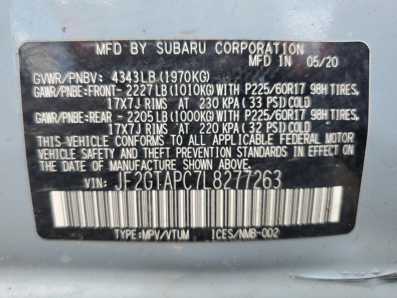 2020 Subaru Crosstrek Premium VIN: JF2GTAPC7L8277263 Lot: 56154755