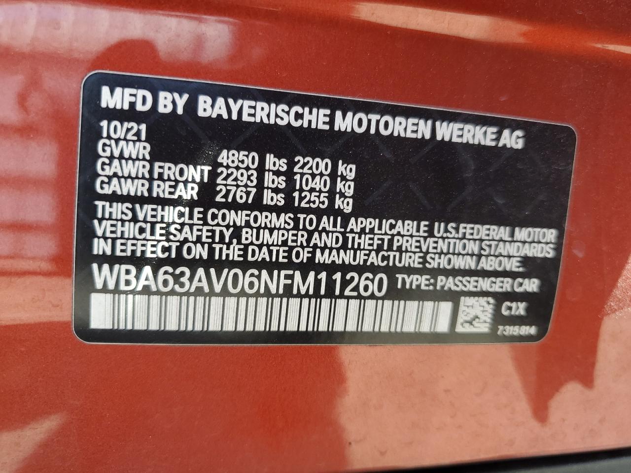 2022 BMW 430I Gran Coupe VIN: WBA63AV06NFM11260 Lot: 57551825