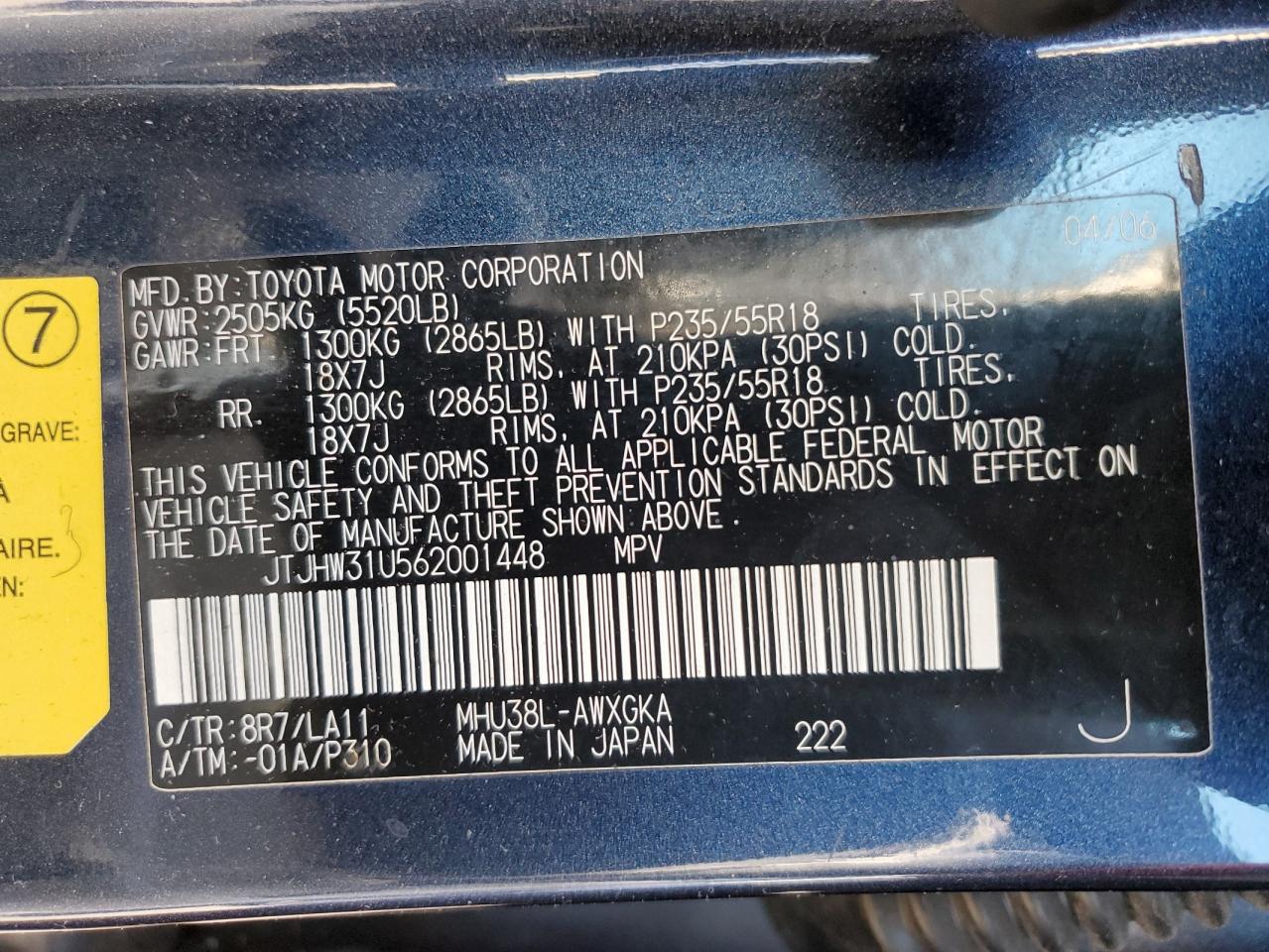2006 Lexus Rx 400 VIN: JTJHW31U562001448 Lot: 56974445