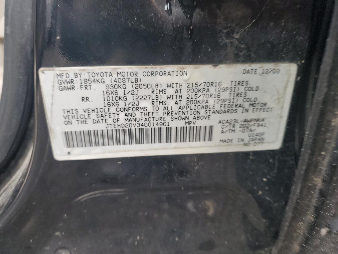 2004 Toyota Rav4 VIN: JTEHD20V340014961 Lot: 56961185