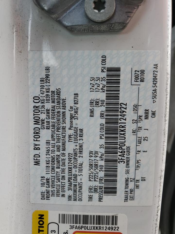 2019 Ford Fusion Se VIN: 3FA6P0LUXKR124922 Lot: 54043165