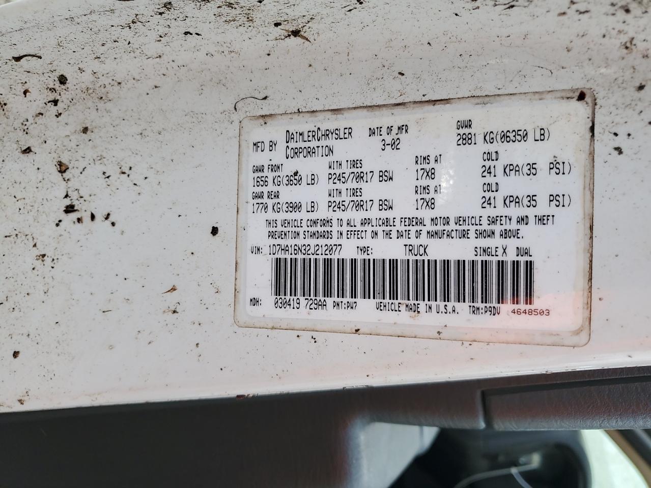 2002 Dodge Ram 1500 VIN: 1D7HA16N32J212077 Lot: 57434565