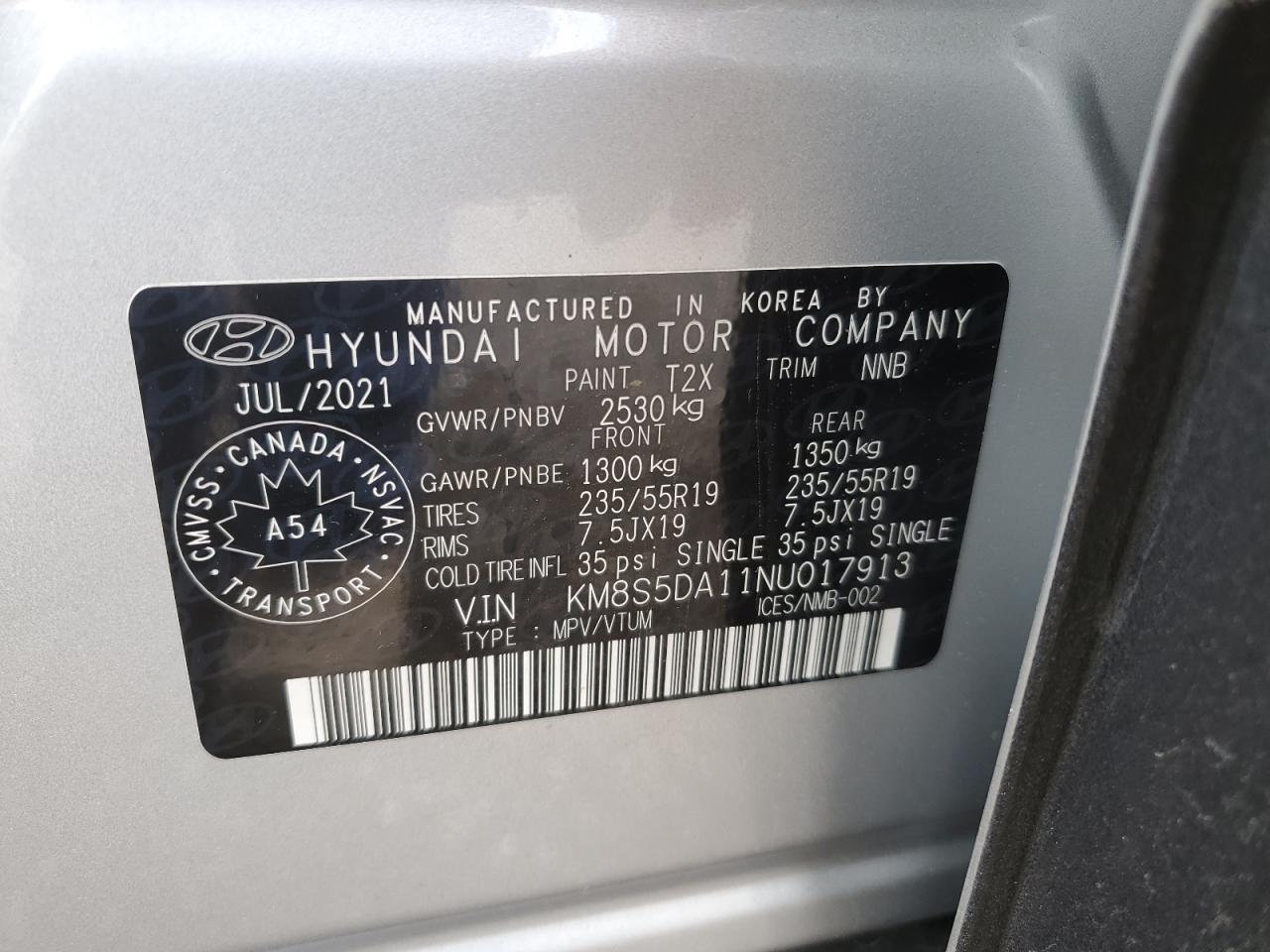 2022 Hyundai Santa Fe Limited VIN: KM8S5DA11NU017913 Lot: 56499075