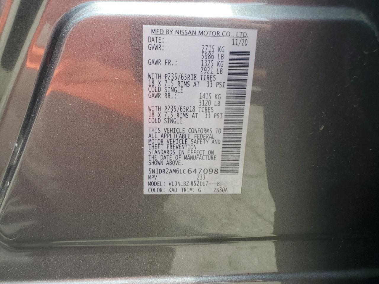 2020 Nissan Pathfinder S VIN: 5N1DR2AM6LC647098 Lot: 57302505