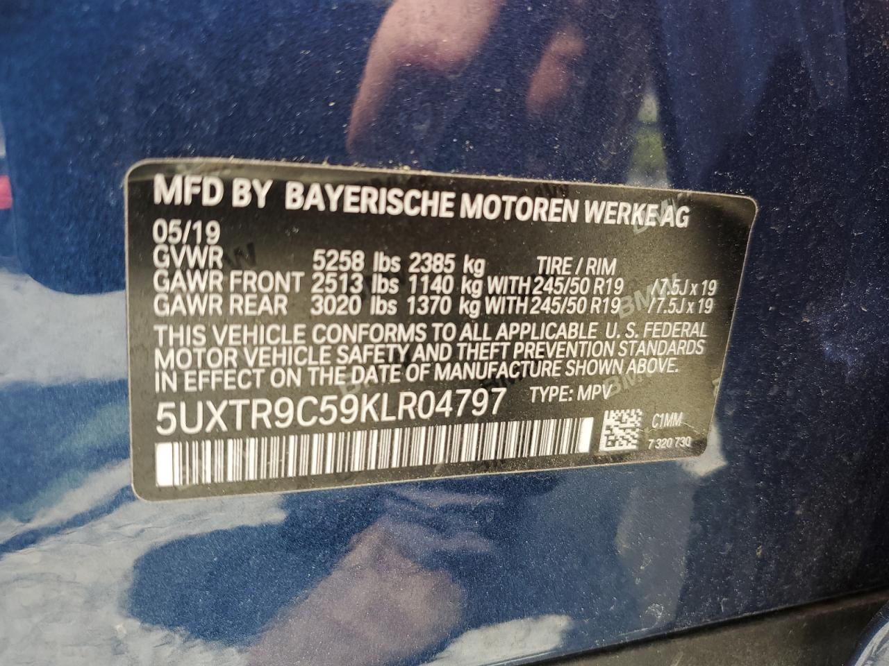 2019 BMW X3 xDrive30I VIN: 5UXTR9C59KLR04797 Lot: 57078465