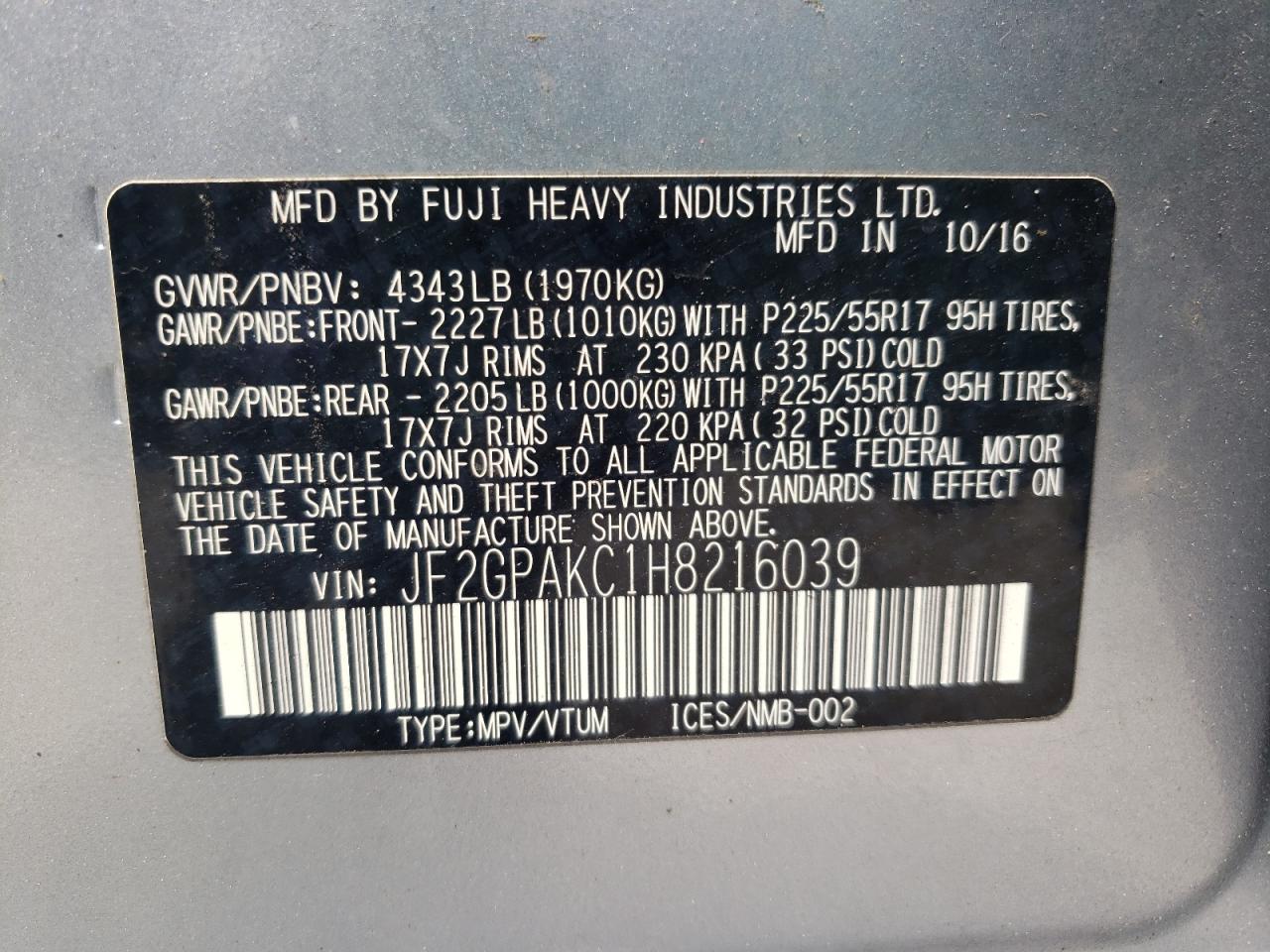 2017 Subaru Crosstrek Limited VIN: JF2GPAKC1H8216039 Lot: 58390895