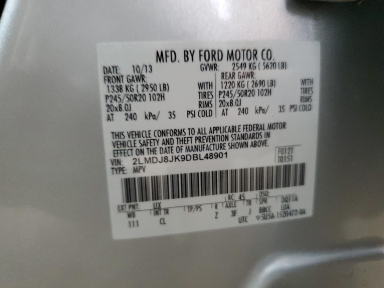 2013 Lincoln Mkx VIN: 2LMDJ8JK9DBL48901 Lot: 56282565