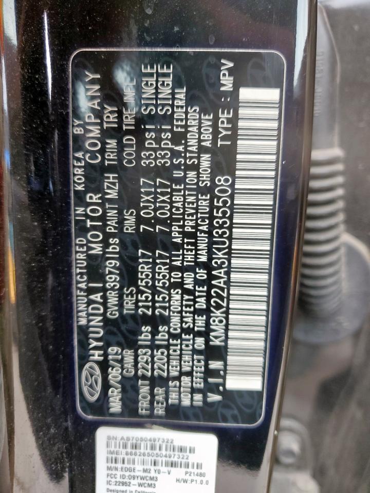 2019 Hyundai Kona Sel VIN: KM8K22AA3KU335508 Lot: 58725765