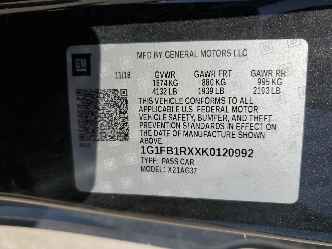 2019 Chevrolet Camaro Ls VIN: 1G1FB1RXXK0120992 Lot: 57160675